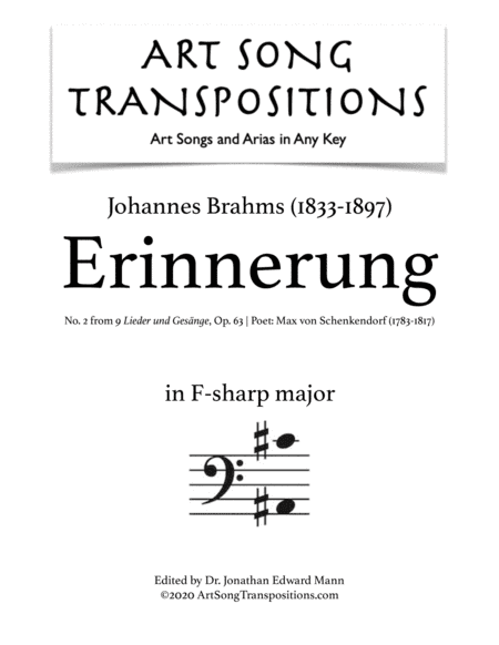 BRAHMS: Erinnerung, Op. 63 no. 2 (transposed to F-sharp major, bass clef) (arr. ArtSongTranspositions.com)