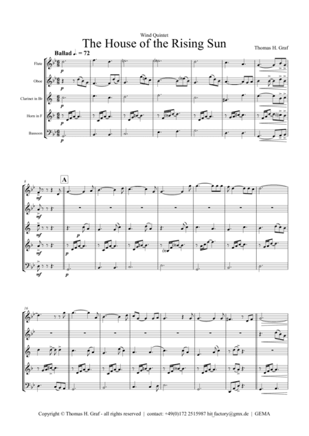 The house of the rising sun - Folk Song - Wind Quintet (arr. Thomas H. Graf)