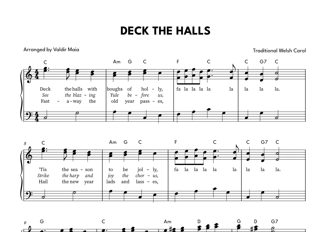 Deck The Halls - Piano in C Major (Chords and Lyrics) (arr. Valdir Maia)