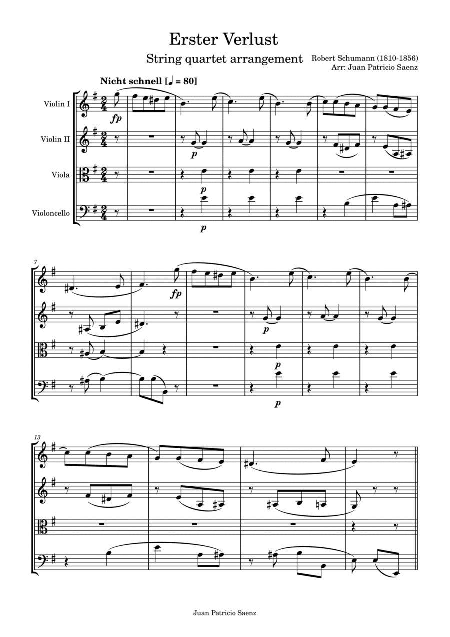Schumann, R: Album for the Young - Erster Verlust - Intermediate String Quartet Arrangement (arr. Juan Patricio Saenz)