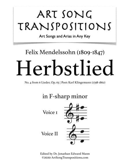 MENDELSSOHN: Herbstlied, Op. 63 no. 4 (transposed to F-sharp minor) (arr. ArtSongTranspositions.com)