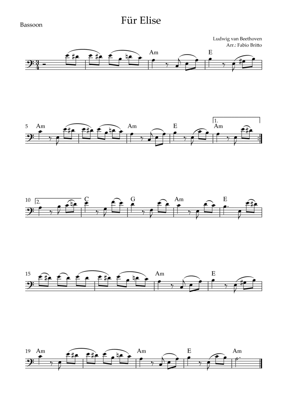 Für Elise (Beethoven) for Bassoon Solo with Chords (Simplified) (arr. Fabio Britto)