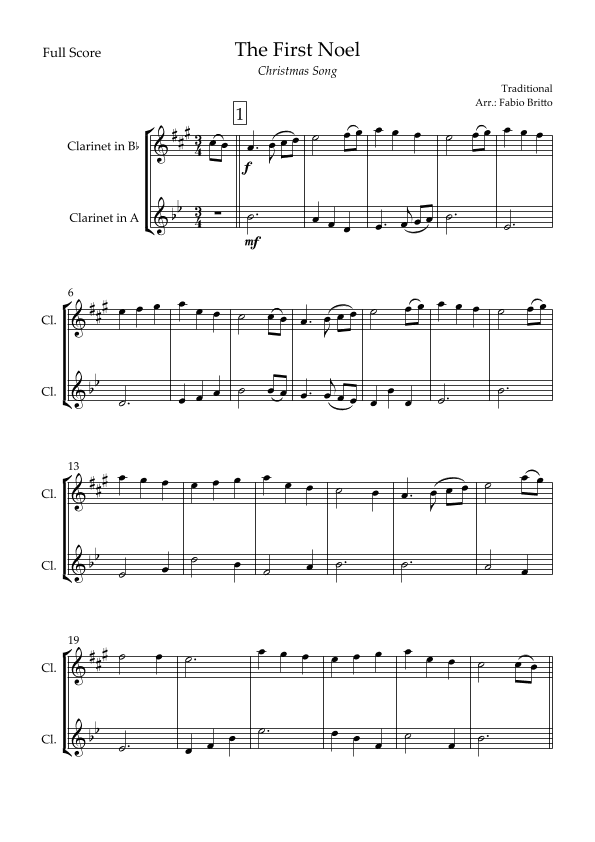 The First Noel (Christmas Song) for Clarinet in Bb & Clarinet in A Duo (arr. Fabio Britto)