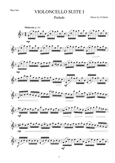 Prelude from Violoncello Suite I by J.S.Bach for Bass Saxophone (arr. The Sheet Music Library)