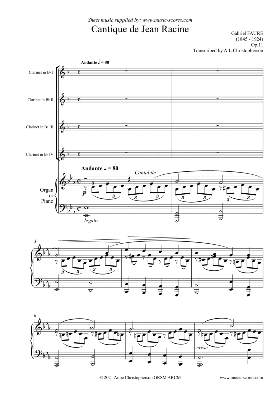 Cantique de Jean Racine - 4 Clarinets and Piano (arr. Anne L Christopherson GRSM ARCM)