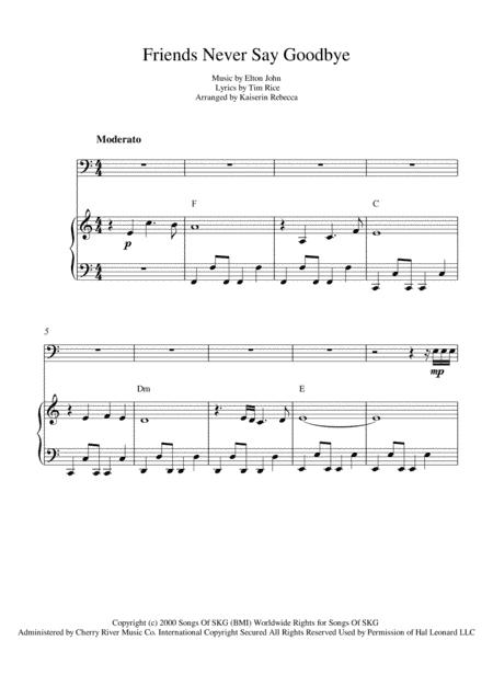 Friends Never Say Goodbye  from THE ROAD TO EL DORADO (arr. Kaiserin Rebecca)