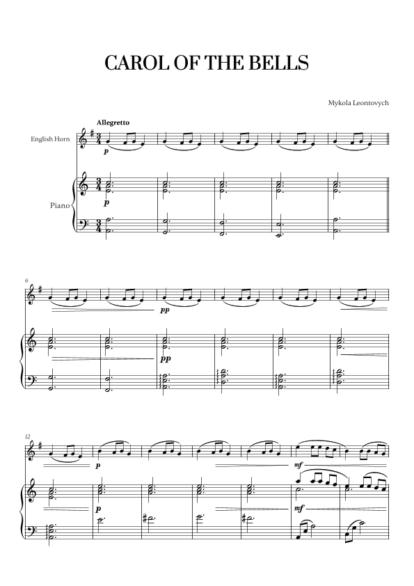 Carol of the Bells (Very Easy/Beginner) - A minor (for English Horn and Piano) (arr. Cadenza Editions)
