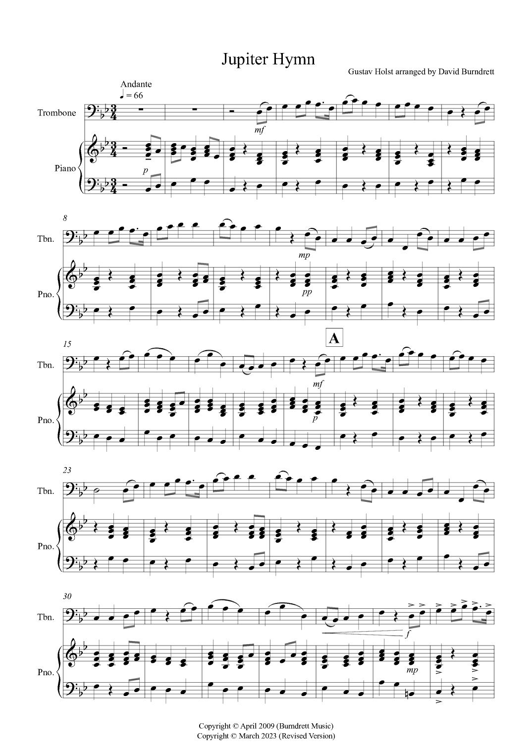 Jupiter Hymn for Trombone and Piano (arr. David Burndrett)