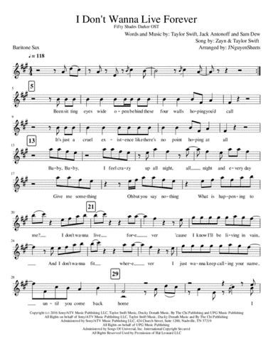 I Don't Wanna Live Forever (Fifty Shades Darker)  from FIFTY SHADES DARKER (arr. JNguyenSheets)
