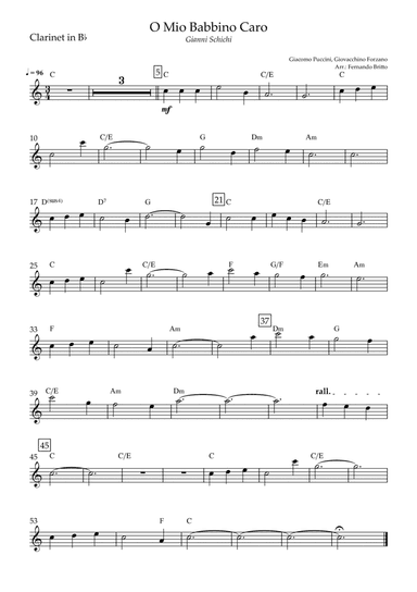 O Mio Babbino Caro (Puccini) for Clarinet in Bb Solo with Chords (arr. Fernando Britto)