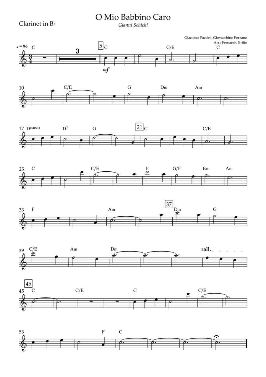 O Mio Babbino Caro (Puccini) for Clarinet in Bb Solo with Chords (arr. Fernando Britto)