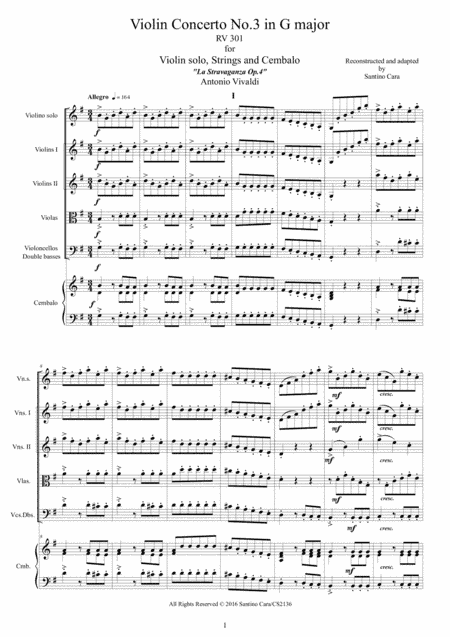 Vivaldi - Violin Concerto No.3 in G major Op.4 RV 301 for Violin solo, Strings and Cembalo (arr. Santino Cara)