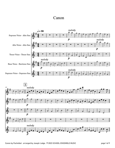 Canon by Pachelbel for Saxophone Quartet in Schools (arr. Joseph Judge)