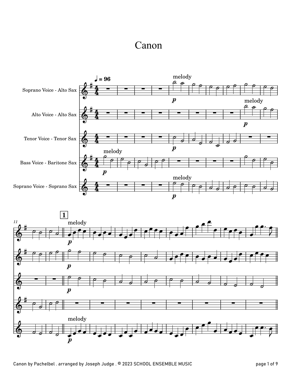 Canon by Pachelbel for Saxophone Quartet in Schools (arr. Joseph Judge)