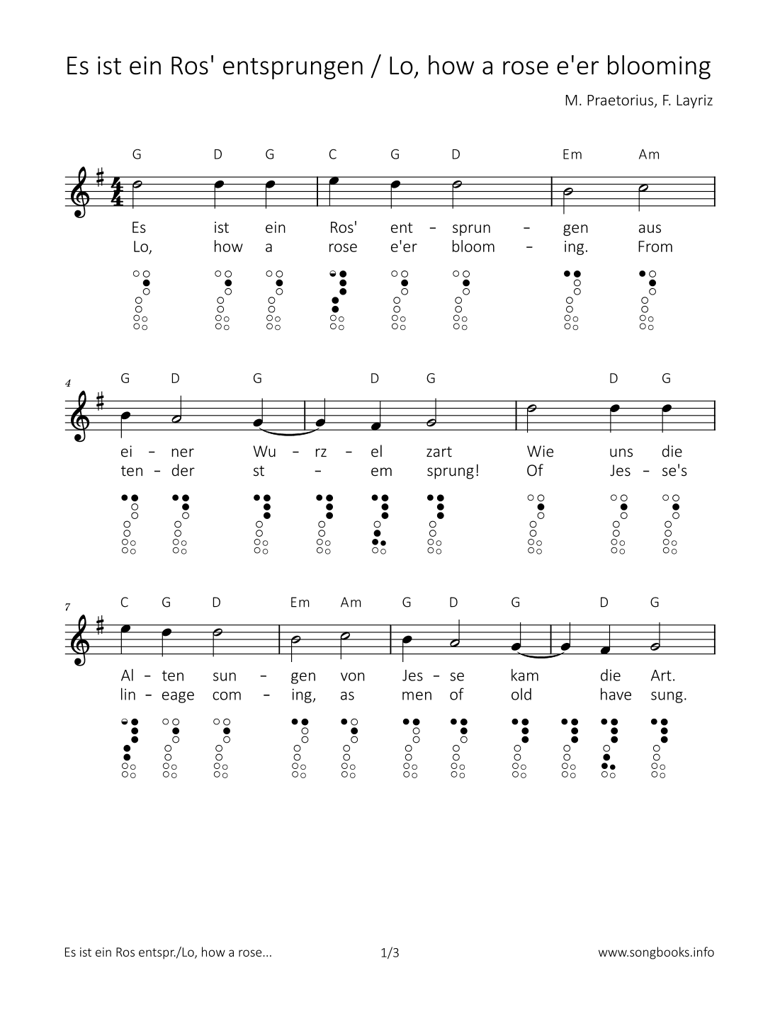 Es ist ein Ros‘ entsprungen / Lo, how a rose e‘er blooming (arr. songbooks.info)