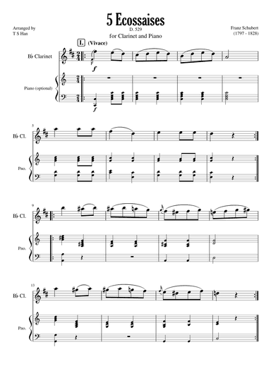 Schubert 5 Ecossaises for Clarinet and Piano, D 529 (arr. T S Han)
