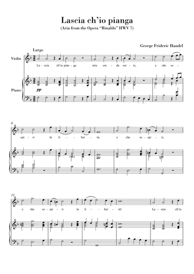 Lascia ch'io pianga (for Violin and Piano) Original Key F major (arr. Ahiva Editions)