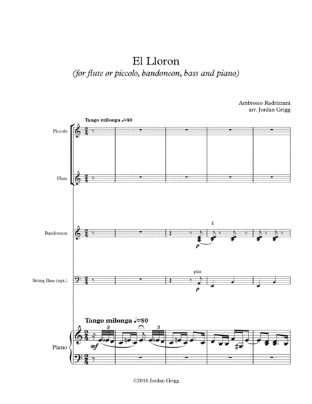 El Lloron (for flute or piccolo, bandoneon, bass and piano) (arr. Jordan Grigg)