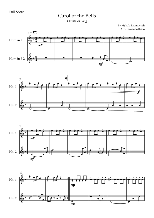 Carol of the Bells in Jazz Version (Christmas Song) for Horn in F Duo (arr. Fabio Britto)