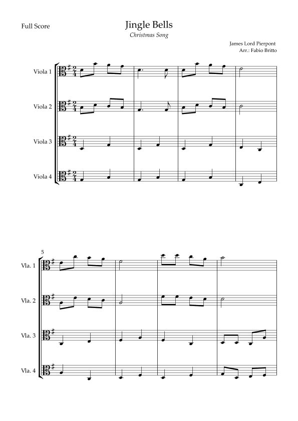 Jingle Bells (Christmas Song) for Viola Quartet (arr. Fabio Britto)