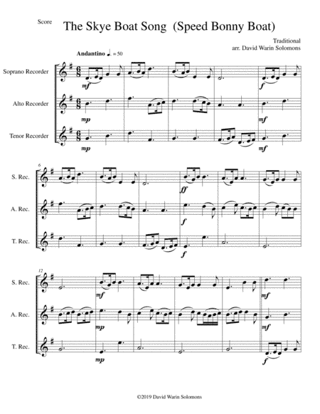 The Skye boat song (Speed bonny boat) for recorder trio (soprano, alto, tenor) (arr. David Warin Solomons)