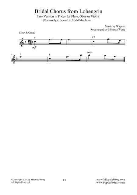 Bridal Chorus (Bridal March) - Easy Version for Flute, Oboe or Violin Solo (arr. Miranda Wong)