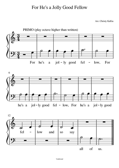 For He's a Jolly Good Fellow - easy piano duet (5 finger middle C position) (arr. Christy Kalfas)