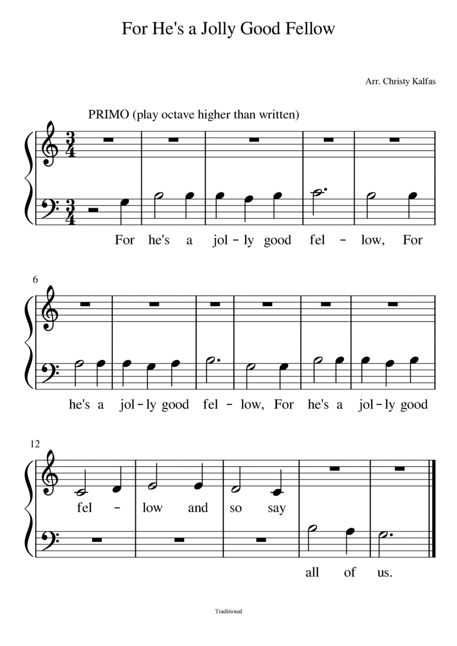 For He's a Jolly Good Fellow - easy piano duet (5 finger middle C position) (arr. Christy Kalfas)