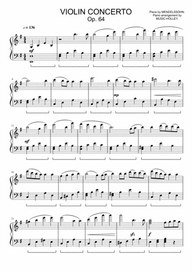 Mendelssohn - Violin concerto Op. 64 (easy sheet) (arr. Music-holley)