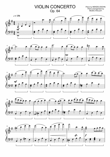 Mendelssohn - Violin concerto Op. 64 (easy sheet) (arr. Music-holley)