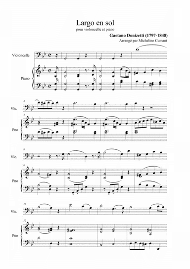 Donizetti, Gaetano (1797-1848)-Largo en sol pour violoncelle et piano (arr. Cumant Micheline)