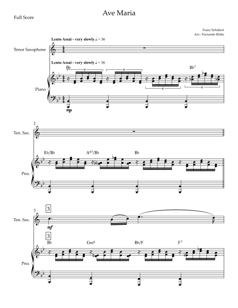 Ave Maria (Franz Schubert) for Tenor Saxophone Solo and Piano with Chords (arr. Fernando Britto)