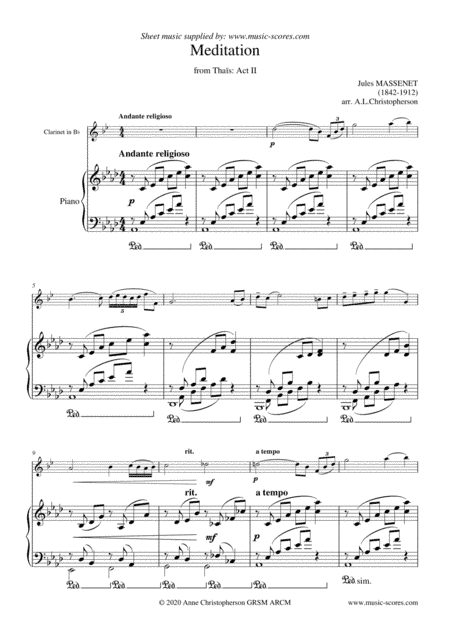 Meditation from Thais - Clarinet (lower) and Piano (arr. Anne L. Christopherson GRSM ARCM)
