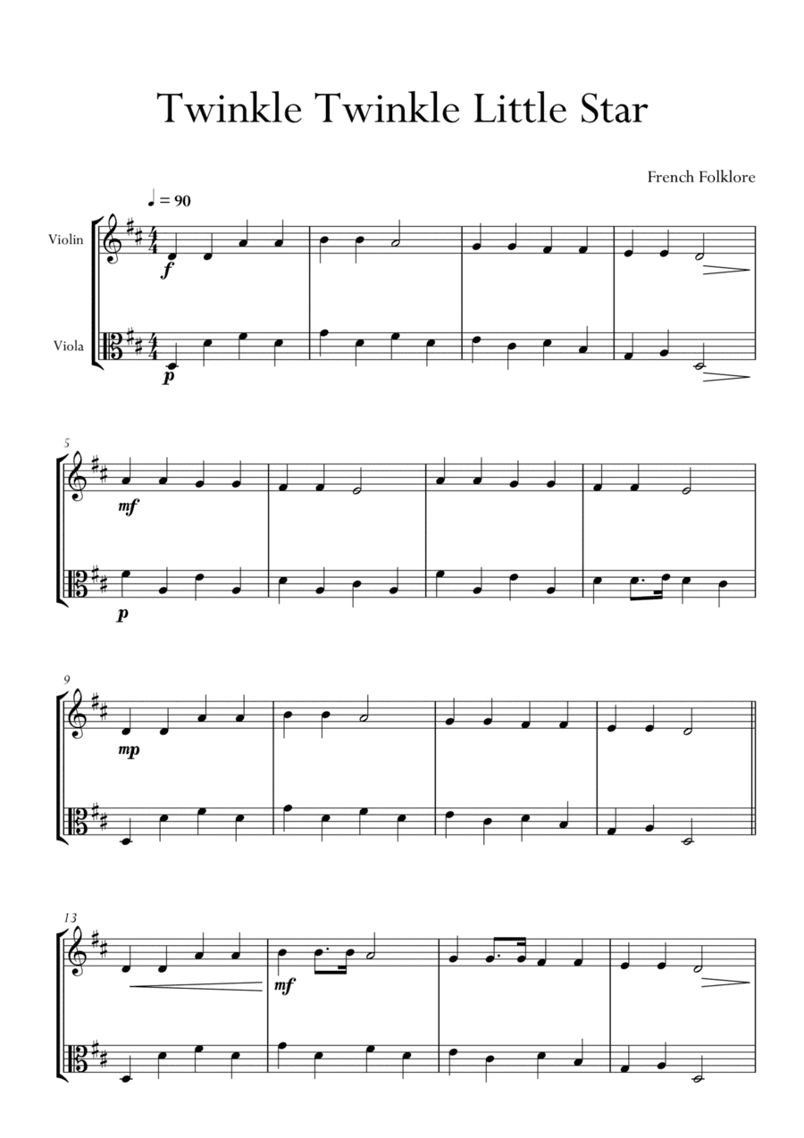 Twinkle Twinkle Little Star in D Major for Violin and Viola Duo. Easy. (arr. Matheus Araújo)