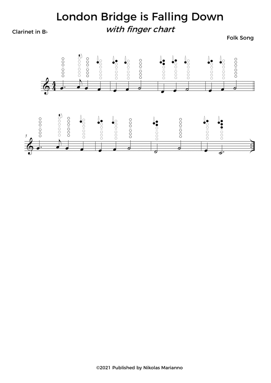 London bridge is falling down for beginner clarinet with finger chart (arr. Nikolas Pereira)