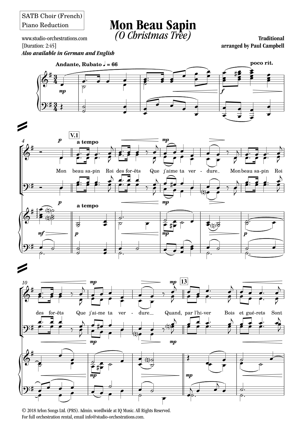 Mon Beau Sapin (O Christmas Tree) (arr. Paul Campbell / Studio Orchestrations)