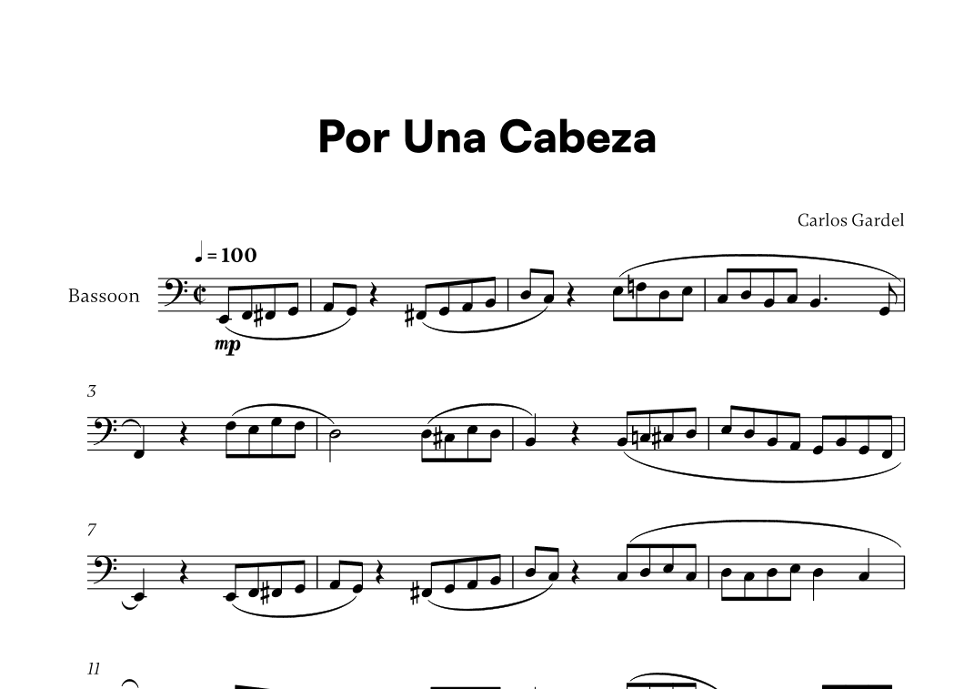 Carlos Gardel - Por Una Cabeza for Bassoon Solo (arr. Cadenza Editions)