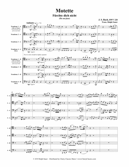 Motet Fürchte dich nicht (Do not fear) BWV 228 for 8-part Trombone Ensemble (arr. Sauer, Ralph)