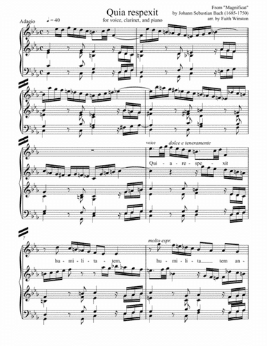 Quia respexit - vocal solo from "Magnificat" (with clarinet and piano accompaniment) (arr. Faith Winston)