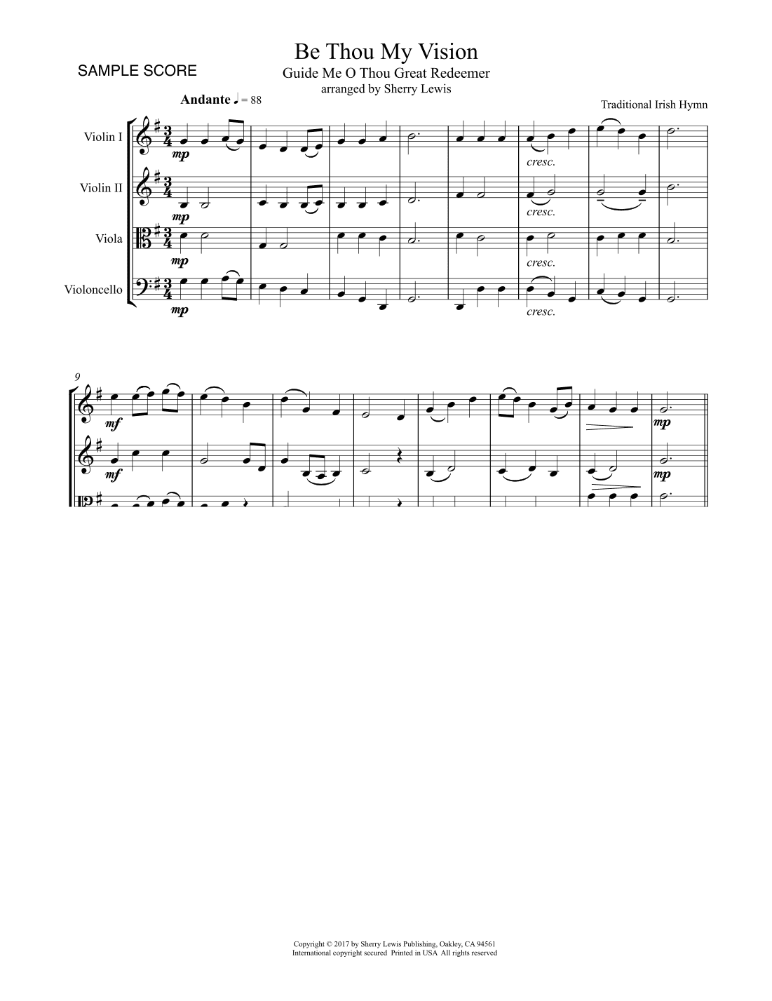 BE THOU MY VISION, A Traditional Irish Hymn, String Quartet, Intermediate Level for 2 violins, viola (arr. Sherry Lewis)