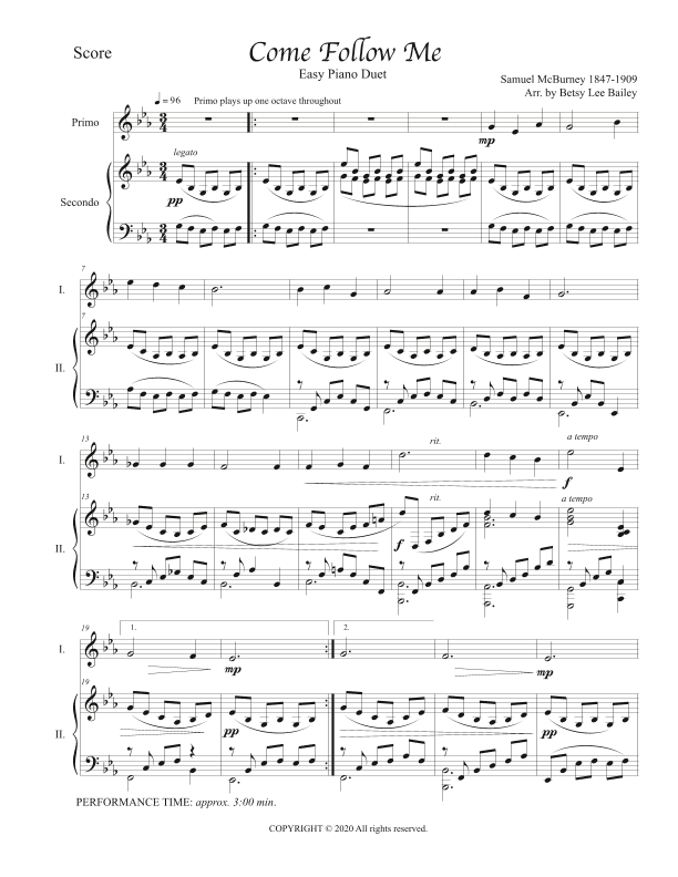 Come Follow Me Easy Piano Duet for Teacher and Student (arr. Betsy Lee Bailey)