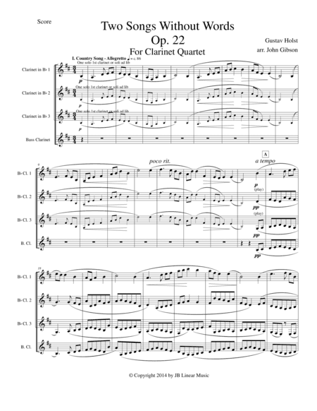 Gustav Holst - Two Songs Without Words set for Clarinet Quartet (arr. John Gibson)