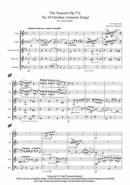 Tchaikovsky: The Seasons Op.37a No.10 October (Autumn Song) - wind quintet (arr. Ray Thompson)