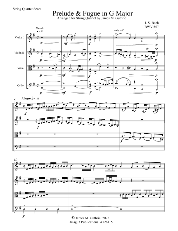Bach: Prelude & Fugue in G Major BWV 557 for String Quartet (arr. James M. Guthrie)