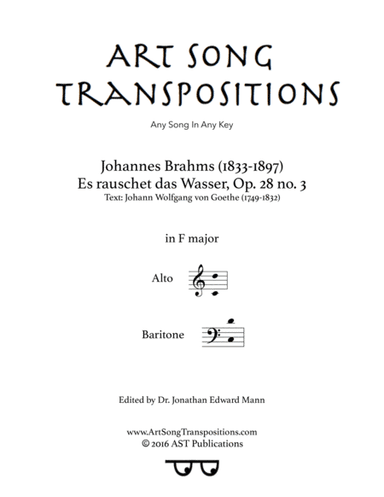 BRAHMS: Es rauschet das Wasser, Op. 28 no. 3 (transposed to F major) (arr. ArtSongTranspositions.com)
