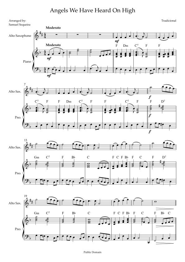 Angels We Have Heard On High - for Alto Saxophone - with Piano Play along (arr. Samuel Sequeira)