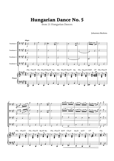 Hungarian Dance No. 5 by Brahms for Trombone Quartet and Piano (arr. Rika K.)