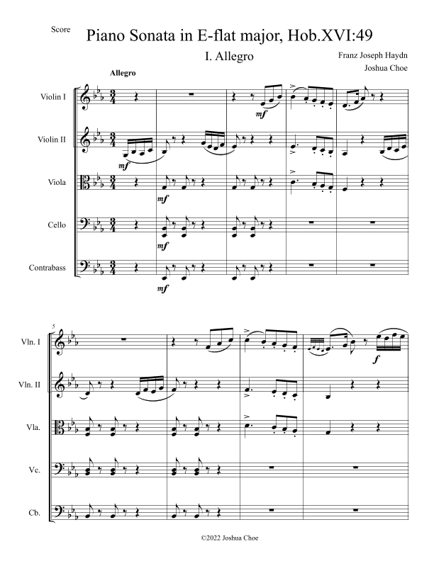 Piano Sonata in E-flat major, Hob.XVI:49, Movement 1 (arr. Joshua Choe)