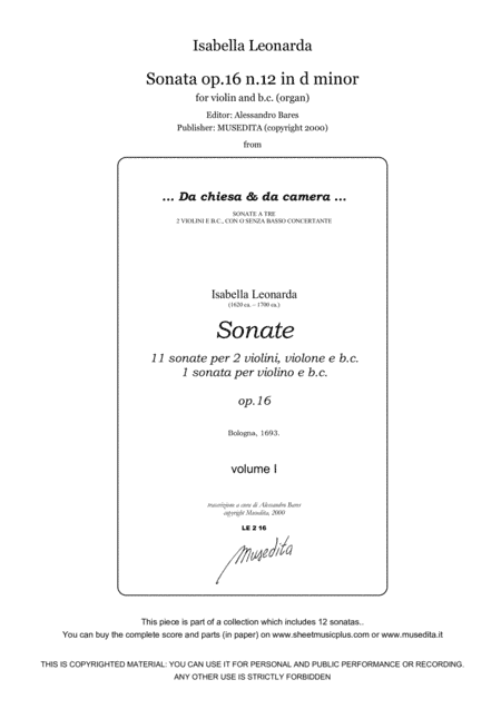 Isabella Leonarda, Sonata op.16 n.12 in d minor (arr. Alessandro Bares)