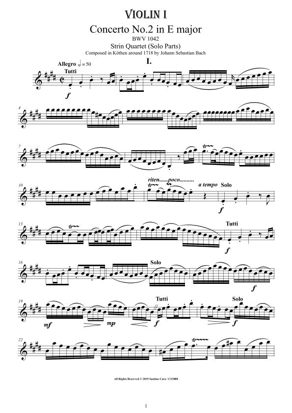 Bach - Concerto No.2 in E major BWV 1042 for String Quartet - Complete Parts (arr. Santino Cara)